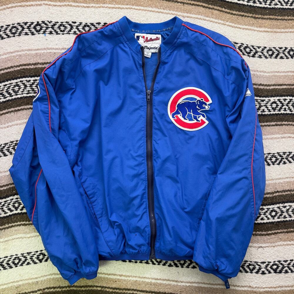 Men's Majestic Authentic Chicago Cubs Blue Zip Up Shell Bomber Jacket Sz Medium